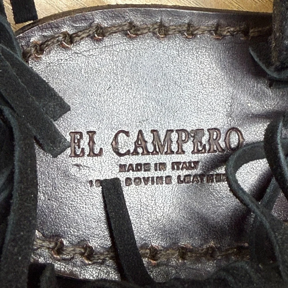 El Campero‎ Fringe Sandals Womens 7 EU 37 T Strap Ankle Strap Studs ITALY Black